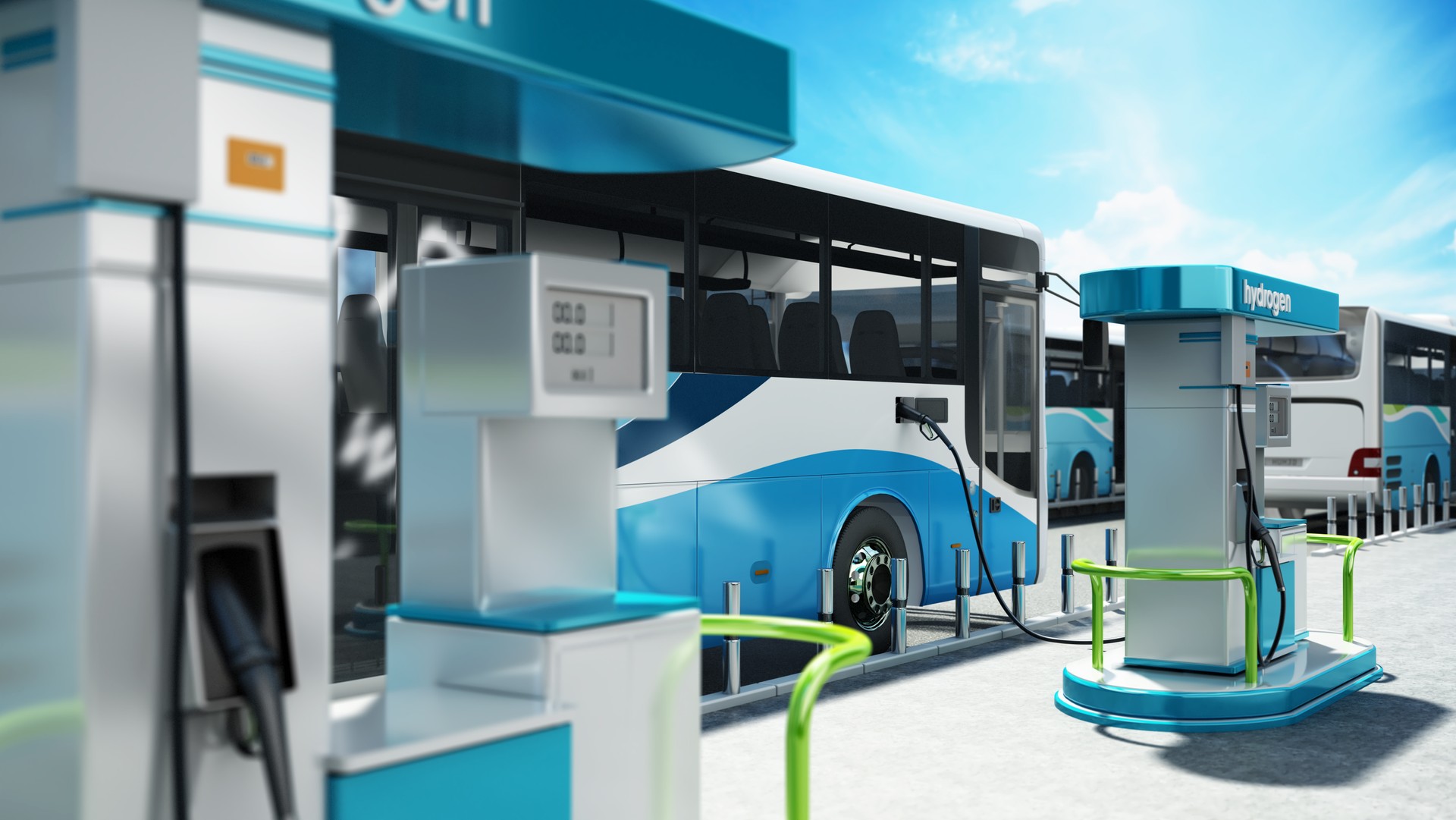 Hydrogen powered city bus in hydrogen fuelling station