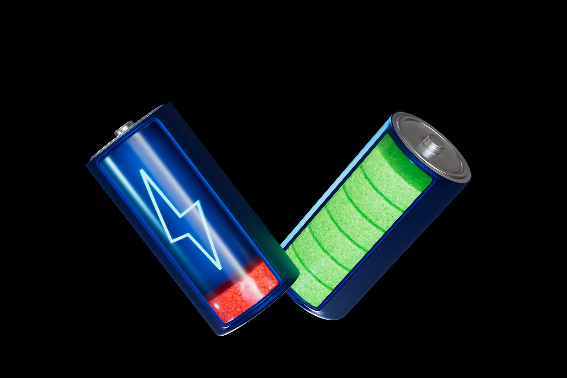 batteries on which the charging level is indicated on a black background. 3D render